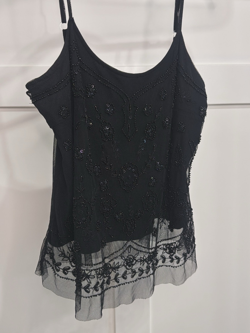 Vintage Y2K Raindrops Black Beaded Lace-Trim Cami